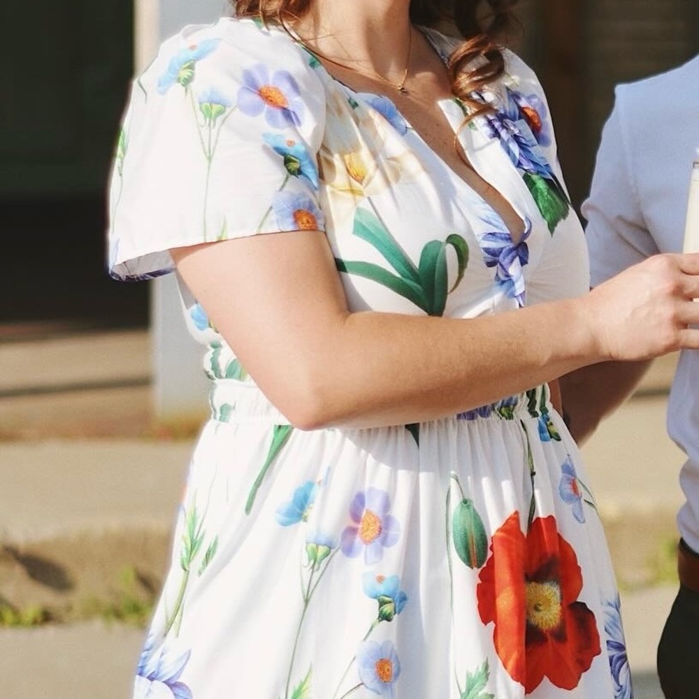 Anthropologie Red and Blue Flutter Sleeve Maxi Dress